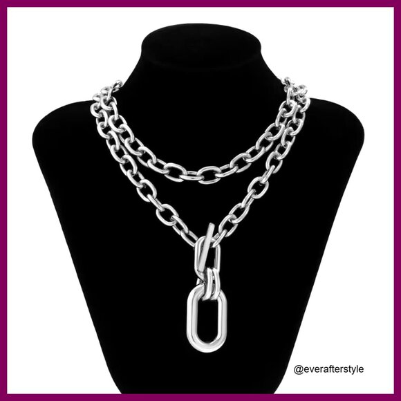 Chunky Layered Cuban Link Chain Necklace, Adjustable Lobster Claw Clasp - Picture 4 of 7